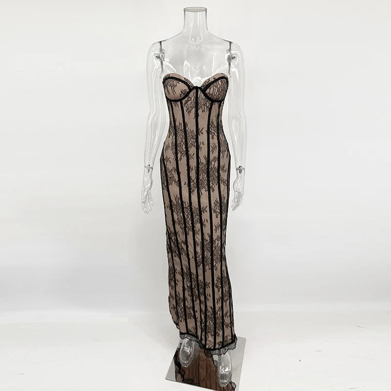 Typhaland Sexy Lace Strapless Maxi Dress Women's Sleeveless Slim Corset Evening Party Dress See Through Fashion Lady Long Dress