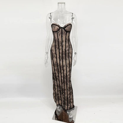 Typhaland Sexy Lace Strapless Maxi Dress Women's Sleeveless Slim Corset Evening Party Dress See Through Fashion Lady Long Dress