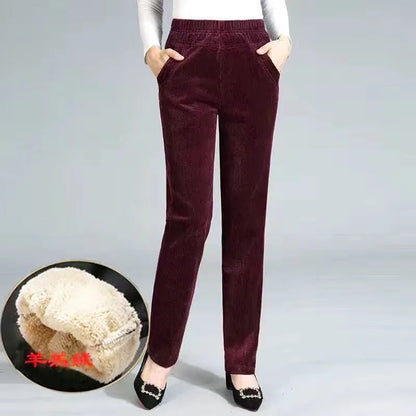 Thiened Fce Lined Corduroy Straight Leg Pants for Mom High Waist Korean Sle Commute Faion Winter Casual Trousers