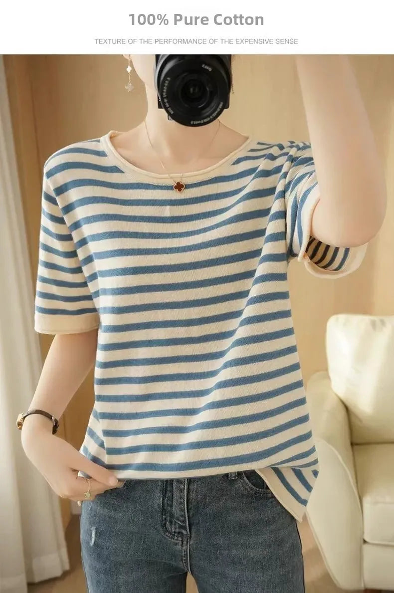 100% Pure Cotton Summer Stripe Short Sleeve T-Shirt Women Loose round Neck Vest Cotton Linen Half Sleeve Commute Style Simple