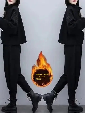 Fashionable Thickened Fleece Women's Large Size Sportswear Set Autumn Winter High Waist Long Pants Two-Piece Suite Anti-Aging