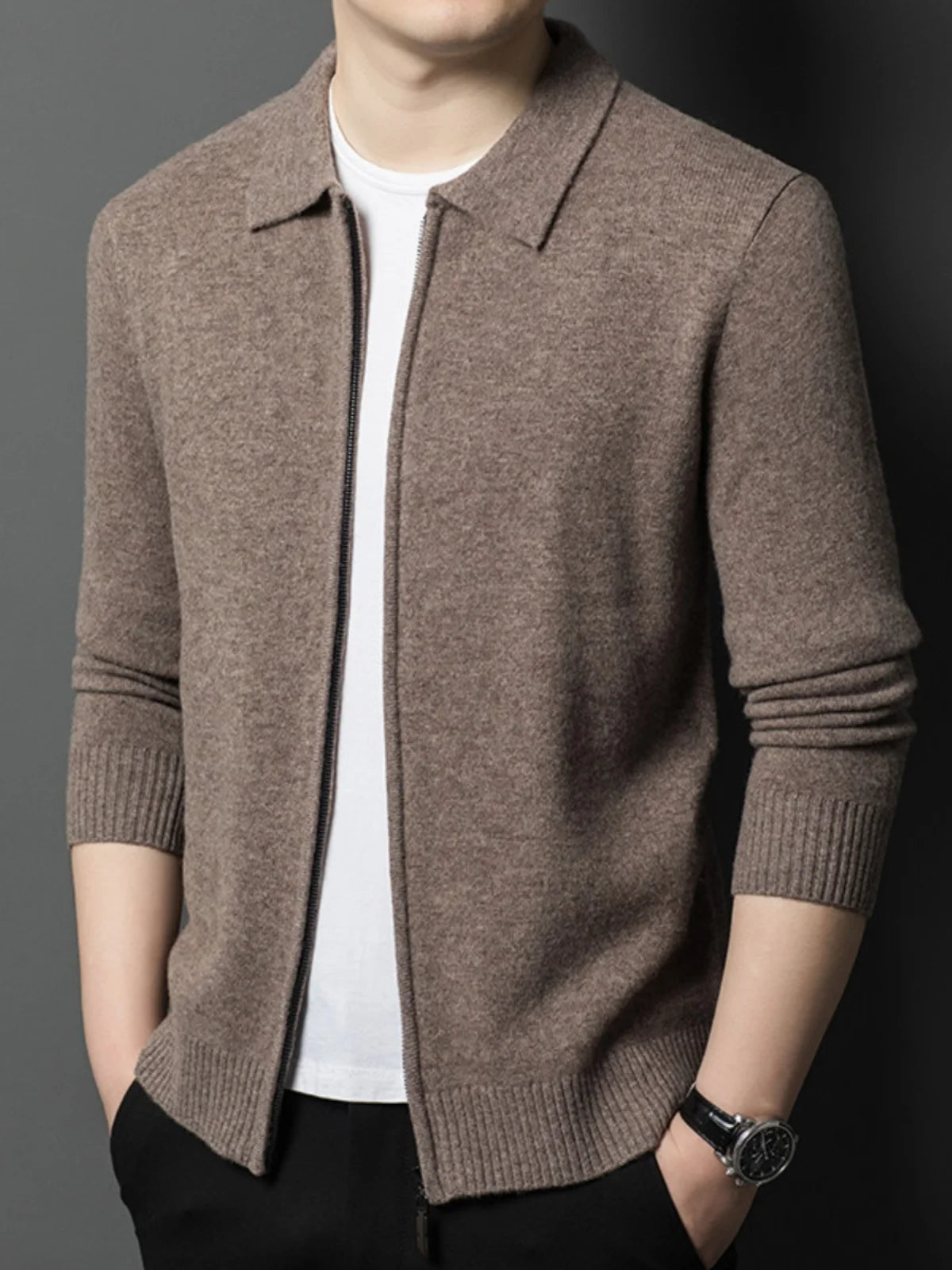 Spring and Autumn Pure Cashmere Cardigan Men's New Casual Lapel Solid Color Zipper Men's Thickened Sweater Jacket
