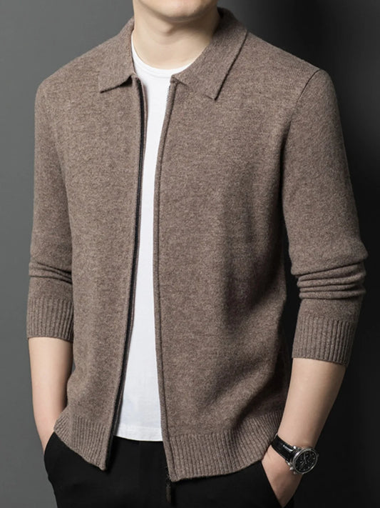 Spring and Autumn Pure Cashmere Cardigan Men's New Casual Lapel Solid Color Zipper Men's Thickened Sweater Jacket
