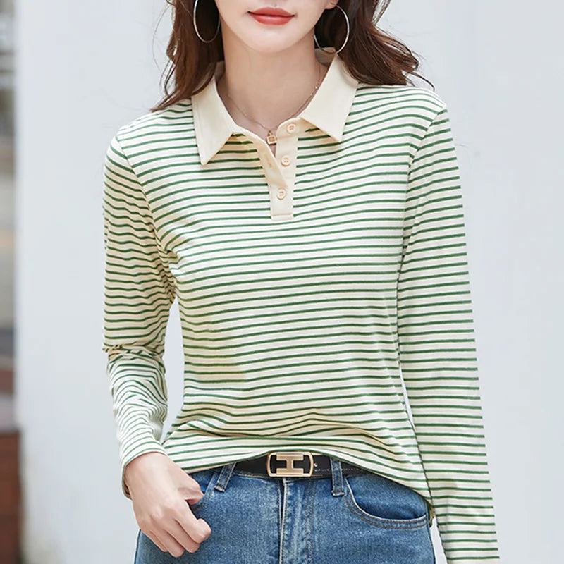 Spring Long Sleeve Striped Polo Shirt Women Cotton Stretch Fashion Summer Autumn Elegant Knitted Polo T-shirt For Women 2024