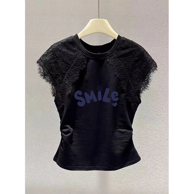 Retro Black Lace Mesh Short Sleeve Top Women Summer Fly Sleeve Short T-Shirt Outlet Store Printed Slim Fit Cotton Polyester