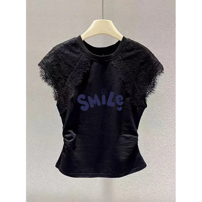 Retro Black Lace Mesh Short Sleeve Top Women Summer Fly Sleeve Short T-Shirt Outlet Store Printed Slim Fit Cotton Polyester