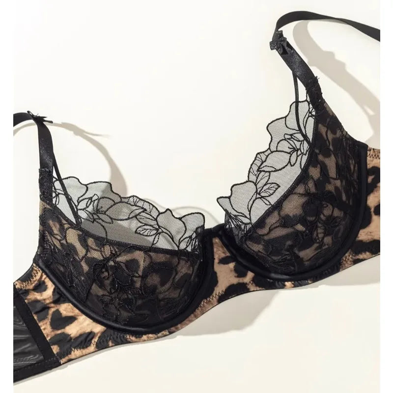 Plus Size  Lingerie Set for Women Leopard Print Lace Embroidery Push Up Bra Big Cup Small Appearance Gathered Soft Wire Bra S-XL