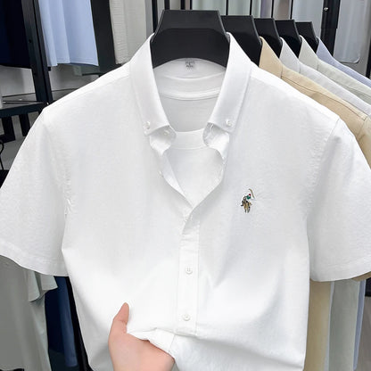 High-end Embroidered Summer 100% Cotton Short-sleeve Shirt for Men, Embroidered Youth Shirt, Business Casual Half-sleeve