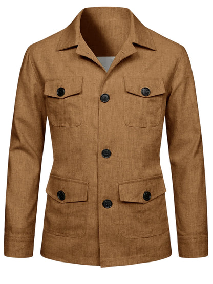 Men's Linen Blend Safari Jacket Retro British Style Multi-Pocket Workwear Coat Business Casual Suit Blazer for Spring Summer
