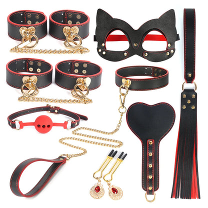 Slave Roleplay Set Leather Handcuffs Ankle Cuffs Ball Gag Mask Whip Collar Leash Sex Toys for Women Couples BDSM Bondage Kit