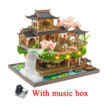 DIY Wooden Miniature Building Kit Doll Houses with Furniture Chinese Ancient Casa Dollhouse Handmade Toys for Girls Xmas Gifts