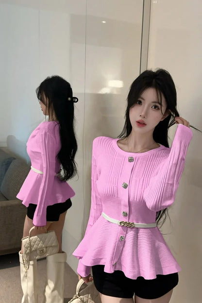 Elegant Single-Button Knitted Sweater Women Early Autumn New High-End Pleated Waist-Cinching Slimming Top French Style