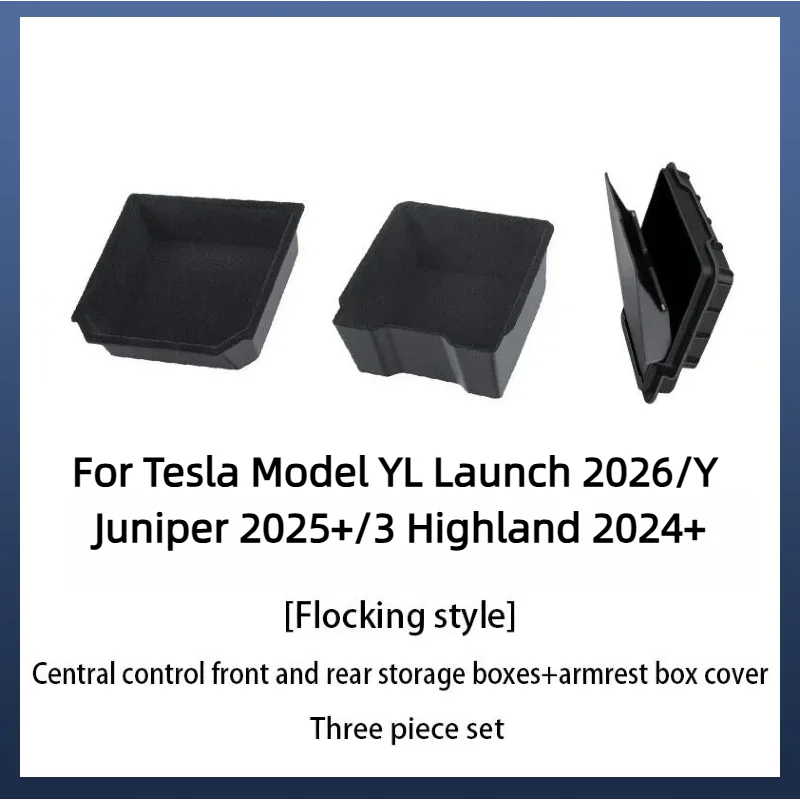 For Tesla Model 3/Y/YL 2024-2026 Hidden Storage Center Console Armrest Front And Rear Flocking Layered Grid Organized Container