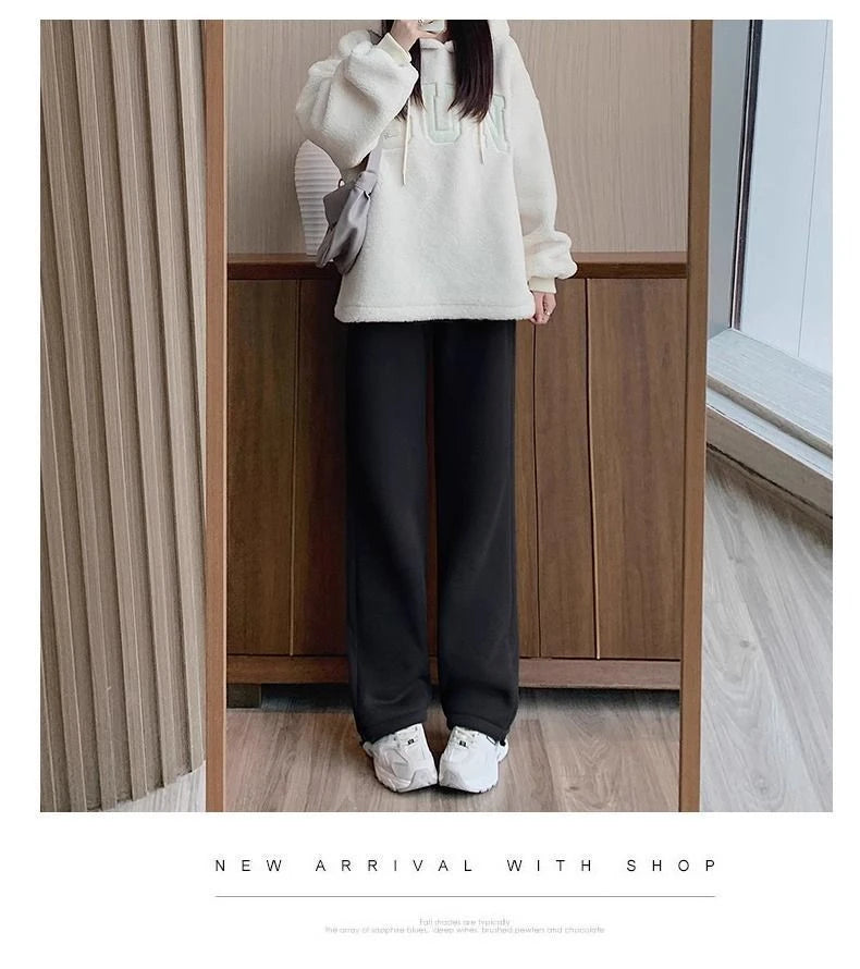 Thickened Fleece Women's Sports Pants Autumn Winter New Style Casual Loose Wide Leg Sweatpants High Waist Polyester Fiber
