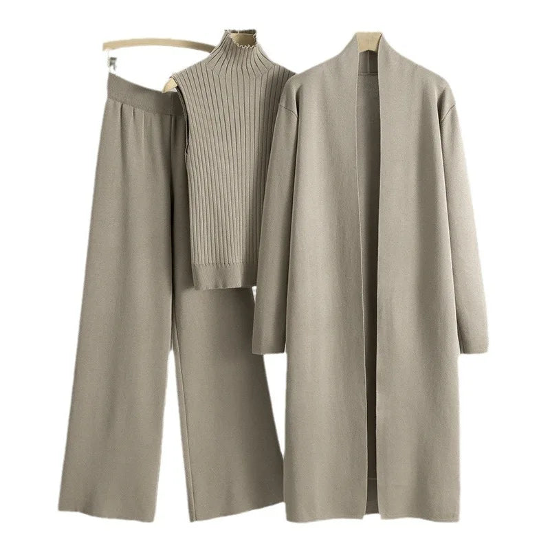 2025 Autumn Winter Women Long Cardigan 3 Piece Set Knit Pants High Neck Vest Wide Leg Trousers Outfit