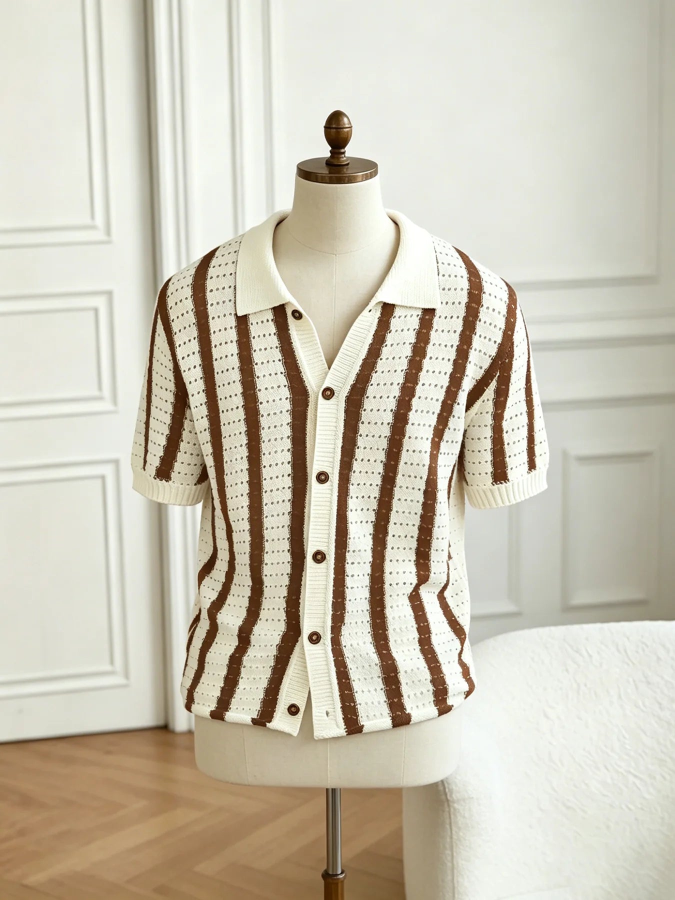 Men's Striped Knit Polo Shirt Short Sleeve Button Down Cardigan V-Neck Hollow Out Retro Casual Top Summer Old Money Style