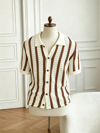 Men's Striped Knit Polo Shirt Short Sleeve Button Down Cardigan V-Neck Hollow Out Retro Casual Top Summer Old Money Style