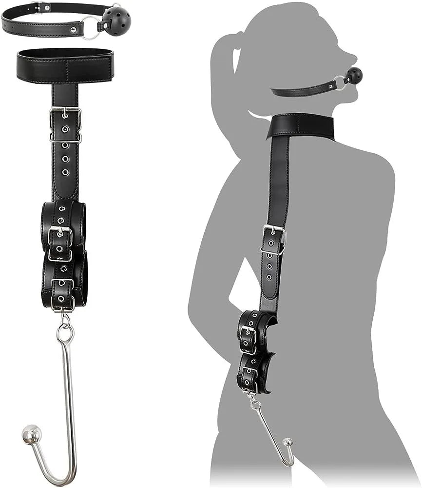 BDSM Guide of Adult Sex Products Backhand Mouth Plug Upper and Lower Handcuffs with Hooks Metal Anal Plug Leather Binding Toys