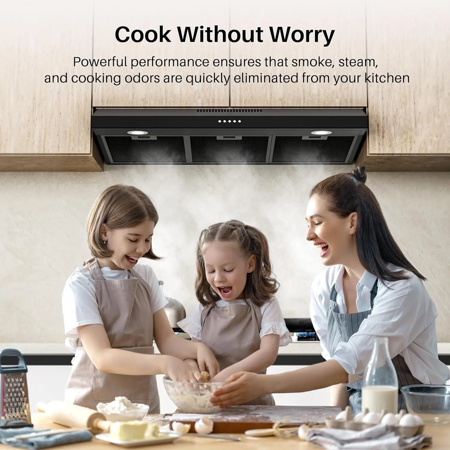 Black Under Cabinet Range Hood 36 Inch, Ducted/Ductless Convertible Kitchen Hood with 3 Speed Exhaust Fan, 300 CFM, LED
