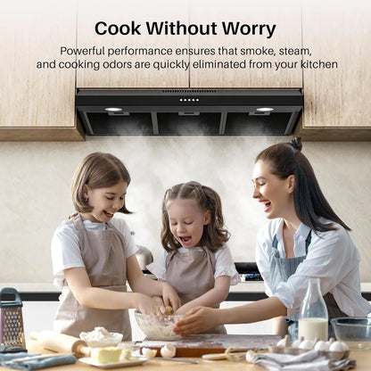 Black Under Cabinet Range Hood 36 Inch, Ducted/Ductless Convertible Kitchen Hood with 3 Speed Exhaust Fan, 300 CFM, LED