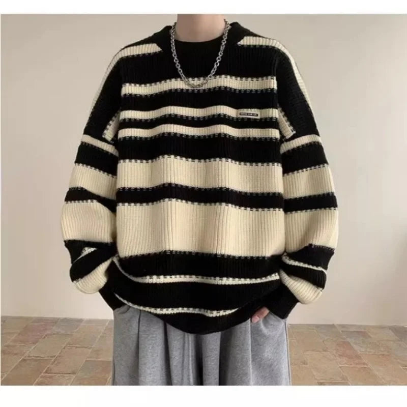 Men's autumn and winter knitted sweater jacket new style for teenagers, couple's sweater for boys, lazy and loose striped