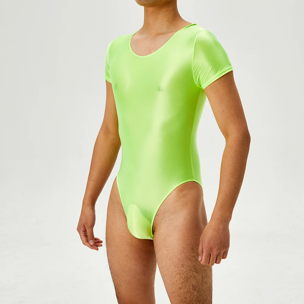 Men's Bodysuit Short Sleeve Oil Shiny High Cut Shapers Leotard Elastic Man Women Sexy Lingerie Jumpsuit Underwear