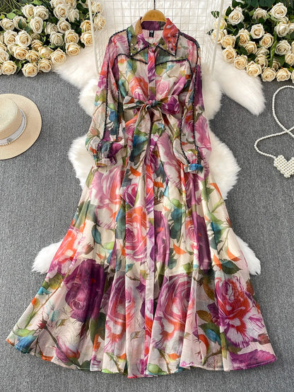 Gemstone Embedded Diamond Collar Dr Women's Autumn Slimming Beautiful Holiday Print Full Skirt Long Dr