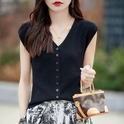 Women's Clothing New Fashion V-neck Knit Tops Summer Casual All-match Thin Sleeveless Tanks Lady Solid Single-breasted Cardigan