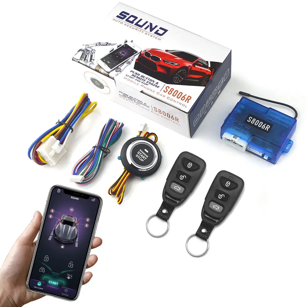 12V Universal Car Alarm System with Keyless Entry Mobile App Controlled Keyless Entry Start Stop Button Two Remote Controls