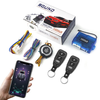 12V Universal Car Alarm System with Keyless Entry Mobile App Controlled Keyless Entry Start Stop Button Two Remote Controls