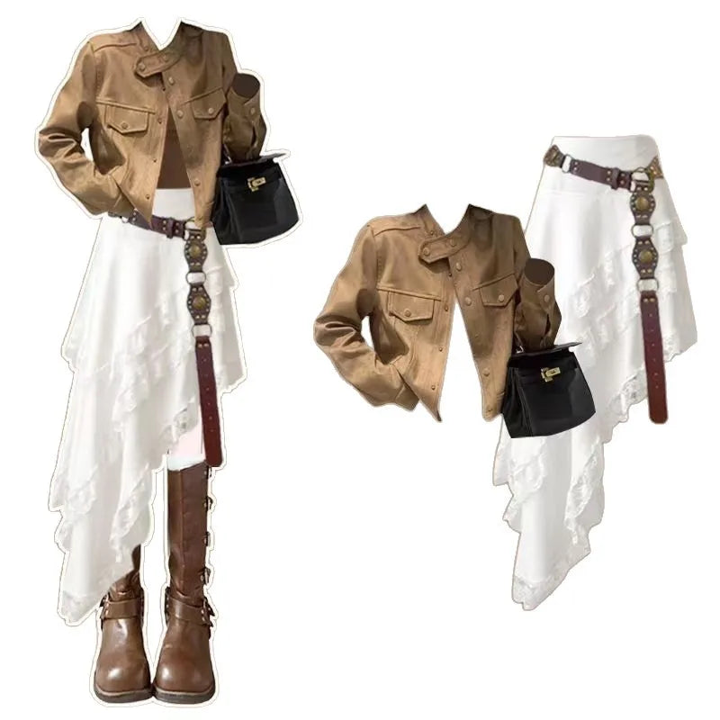 Bohemian Style Desert Jacket, Irregular Half Skirt Two-piece Elegant Women's Skirt Set Casual Suit for Women