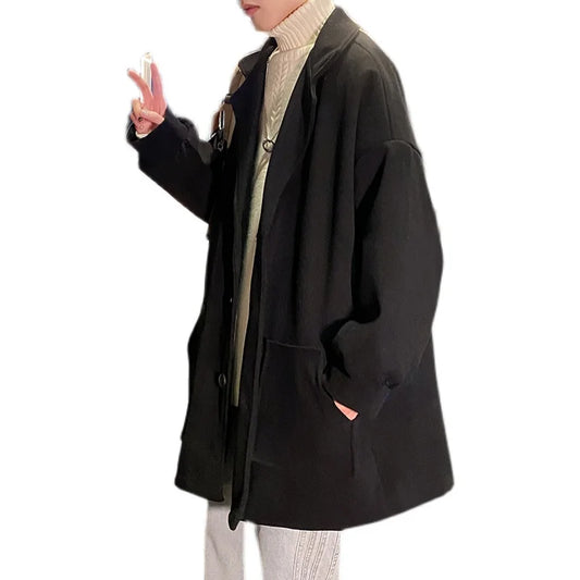 Men's Woolen Coat Autumn Winter Thickened Korean Style Middle-Length Fashionable Jacket Single-Button Pure Color Casual Coat