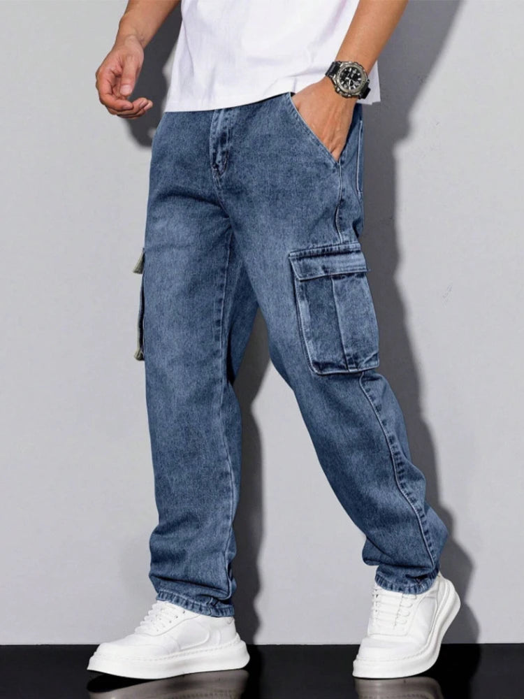 Men's Blue Cargo Jeans Spring New Multi-Pocket Loose Fit Denim Pants Streetwear Hip Hop Casual Versatile Daily Fashion Trousers