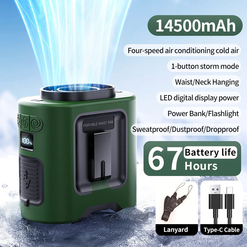 14500mAh Portable Waist Fan 360° Rotating Belt Clip Hanging Neck Fan Strong Wind with LED Digital Display for Outdoor Sports