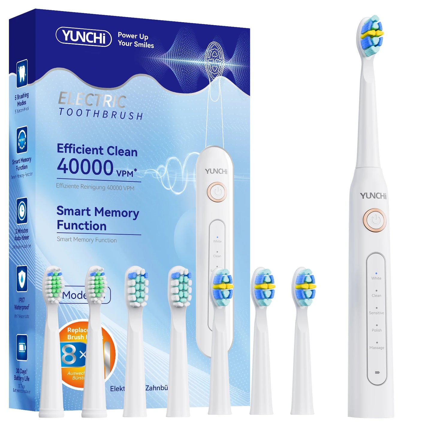 YUNCHi Sonic Electric Toothbrush USB Charger Tooth Cleaner 8 pcs Replacement Brush Heads 30 Days Long Battery Life 5 Modes Y5