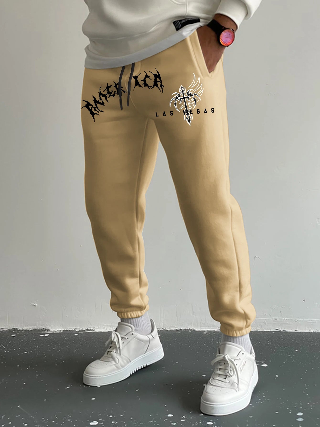 Men's Gothic Jagged Metal Font Wing Cross Las Vegas Print Sweatpants Elastic Waist Soft Dark Punk Street Hip Hop Joggers