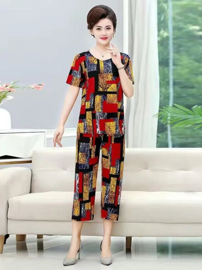 Large Size Ice Silk Summer Outfit Casual Short Sleeve Seven-Foot Pants Set Thin Women's Clothing Two-Piece Set Retro Pattern ...