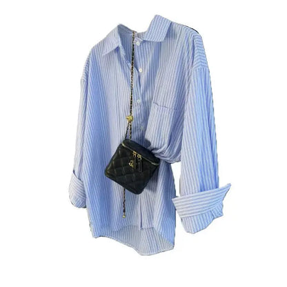 Retro Lazy Sle Blue Striped Women's Long Sve irt Spring Autumn Design Sense Small ence Outerwear Blouse