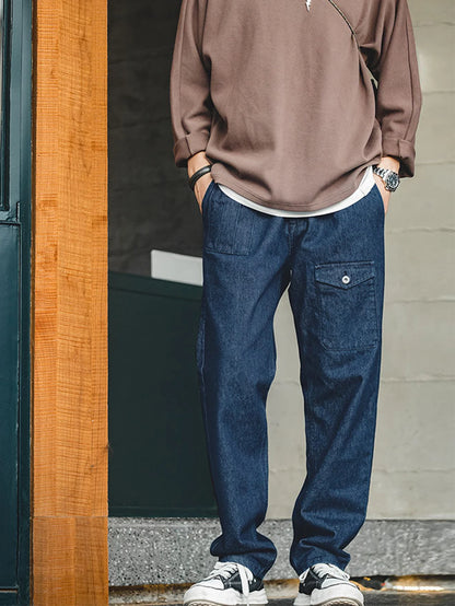 Men High-Waisted Button Suit Pants Elegant Denim Texture Italian Fabric Daily Commuting Wear
