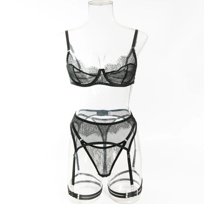 Ellolace Fancy Lingeries Sexy Hot Elegant Bra 3PC Set with Leg Circles Sissy Solid Color Intimate Eyelash Lace Patchwork Costume