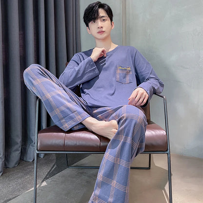 Soft Cotton Pajamas Autumn Men's Plaid Sleepwear Big Yards L-4XL Pajama Sets Casual Sleep&Lounge Pyjamas Pijamas Hombre