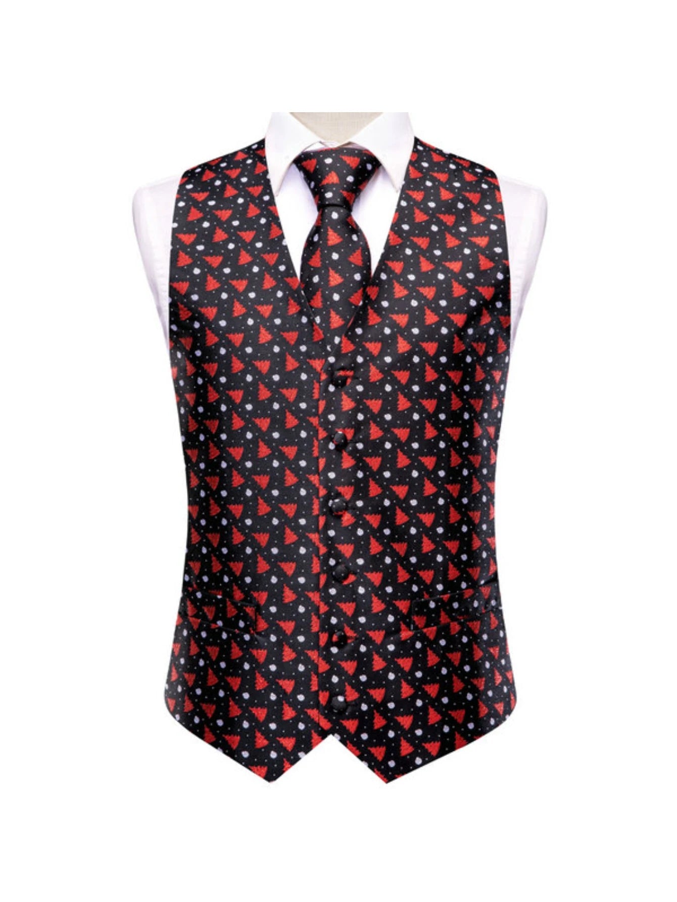 Men's Christmas Print Vest 3-Piece Set: Vest, Tie, Pocket Square, Red Blue Green Yellow for Holiday Parties