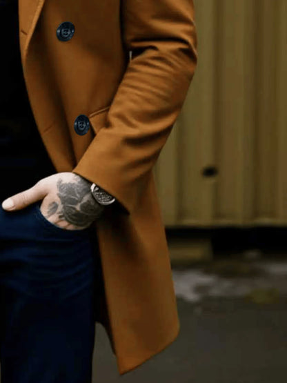 Winter Elegance Woolen Coat Male Warm & Stylish Men's Solid Coat: Double-Breasted Design Thickened Lining - Woolenen Jacket For