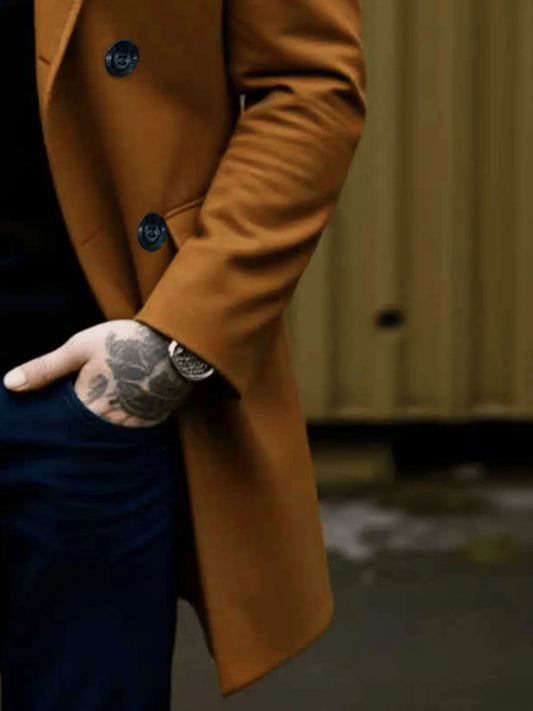 Winter Elegance Woolen Coat Male Warm & Stylish Men's Solid Coat: Double-Breasted Design Thickened Lining - Woolenen Jacket For