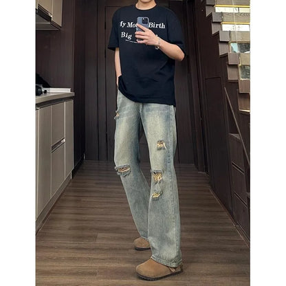 Man Pants Mens Jeans Baggy Jeans Distressed Loose Straight Leg Summer Retro High Street Casual Trousers For Men