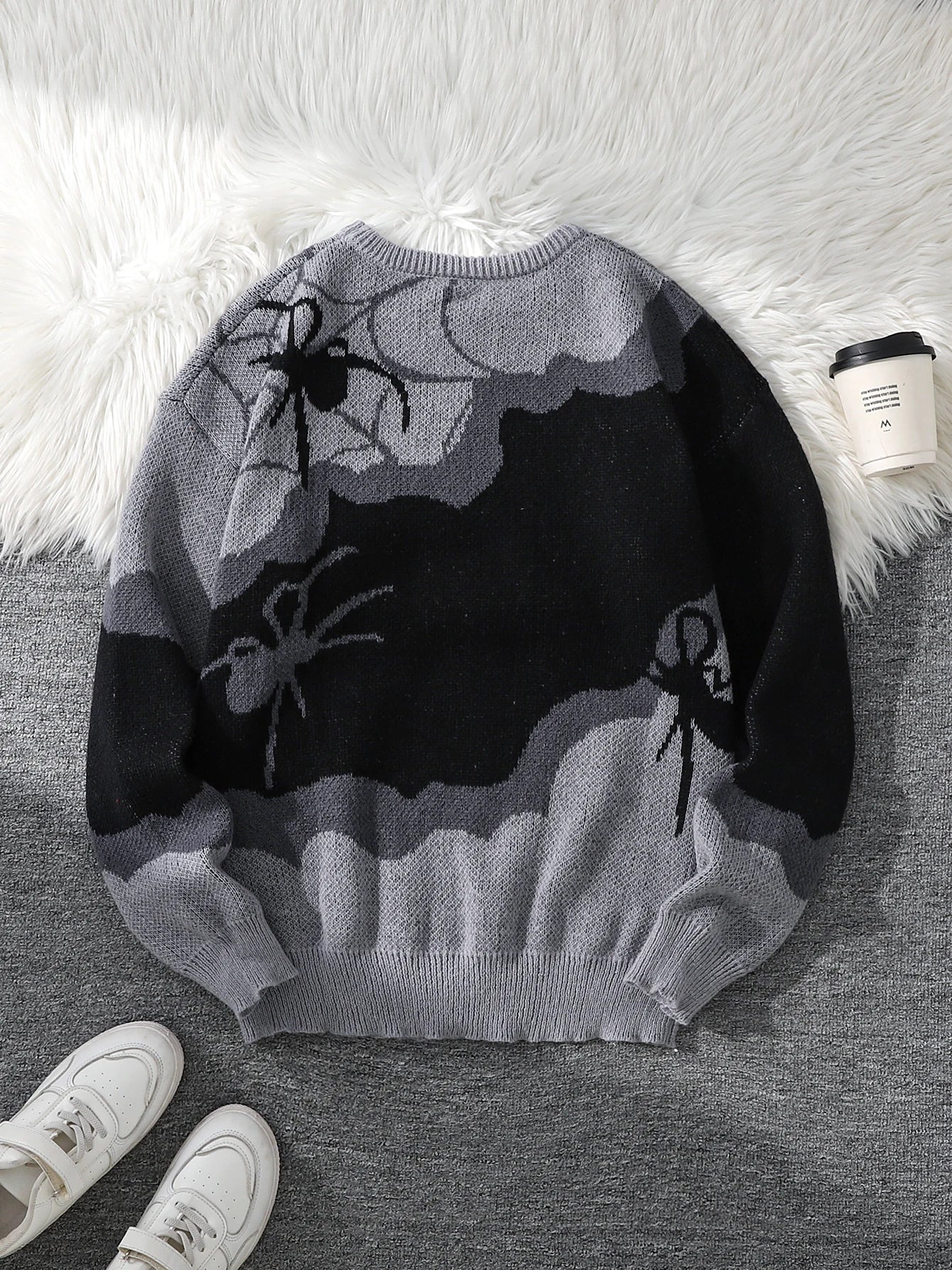 Double-Sided Spider Jacquard Knit Men's Sweater, Designed with Patchwork, Crew Neck, Long Sleeves, Regular Fit, Suitable for Couples, Perfect for Autumn and Winter