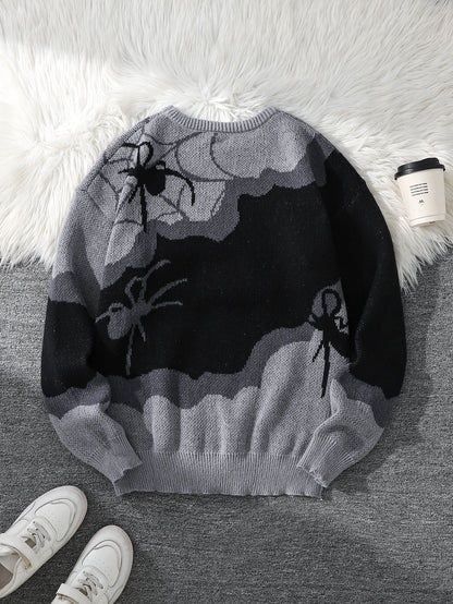 Double-Sided Spider Jacquard Knit Men's Sweater, Designed with Patchwork, Crew Neck, Long Sleeves, Regular Fit, Suitable for Couples, Perfect for Autumn and Winter