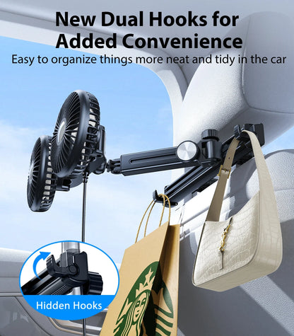 Hipacool Battery Dual Head Fan for Car Backseat with Retractable Long Arm USB Rechargeable Car Seat Headrest Cooling Fan
