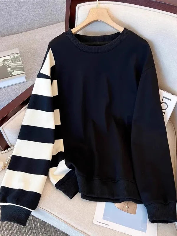 Loose Long Sleeve T-Shirt Hoodie Women Spring Autumn plus Size Fat MM300 Pounds Patchwork Shoulder Length Design Slimming Top
