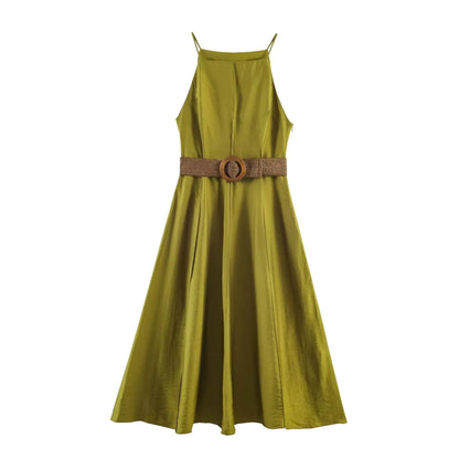 Spring Summer New Arrival Women's Long Line Stitch Decoration Collar Belted Midi Strap Dress Casual High Waist Polyester Fibe...